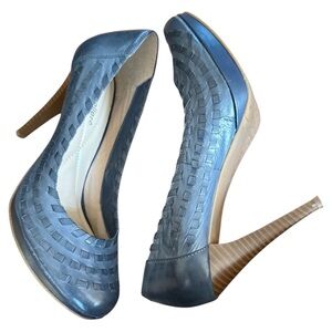 Andrew Geller Knot Blue Leather Woven Platform Heels Stilettos‎ Pumps Size 8